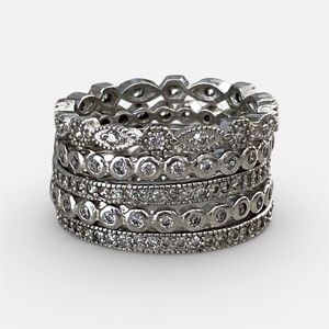 Vintage Style Sterling Silver Stacked Crystal Ring Set Engagement Anniversary